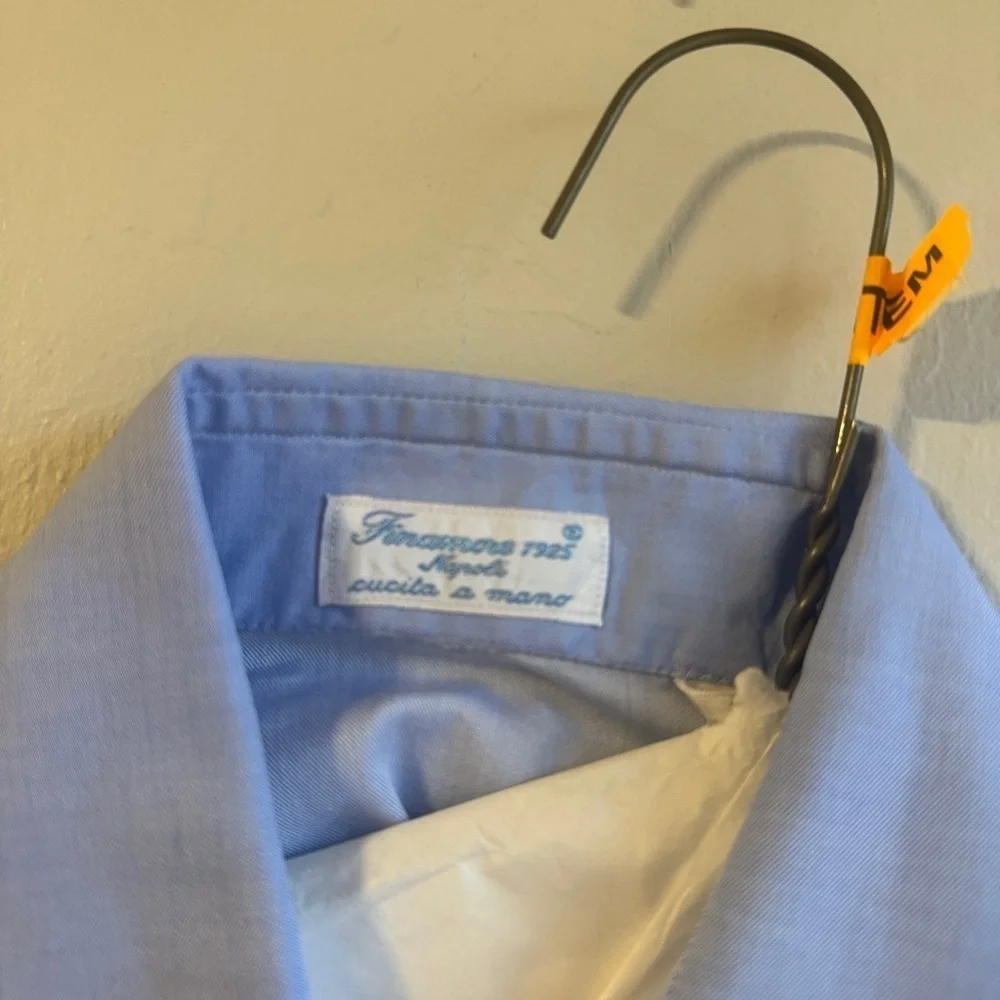 FInamore 1925 AUTHENTIC Tailored Blue Dress Shirt with Pointed Collar. Size 44